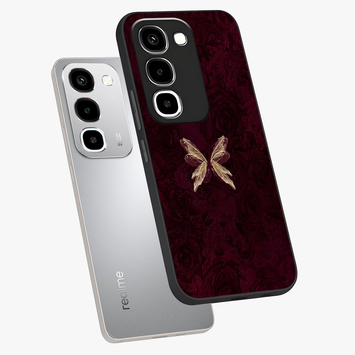 Crimson Fade Butterfly Glass Case displayed in angled mockup highlighting elegant butterfly design with crimson gradient aesthetic.
