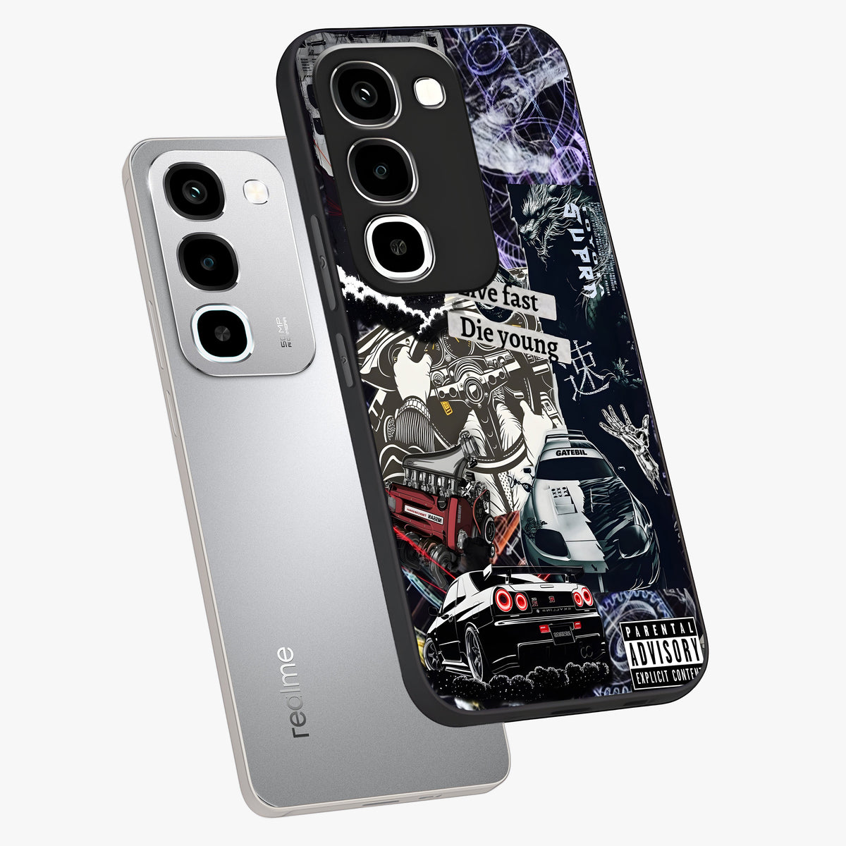Die Young Glass Case displayed in angled mockup highlighting expressive graphic artwork with edgy aesthetic style.