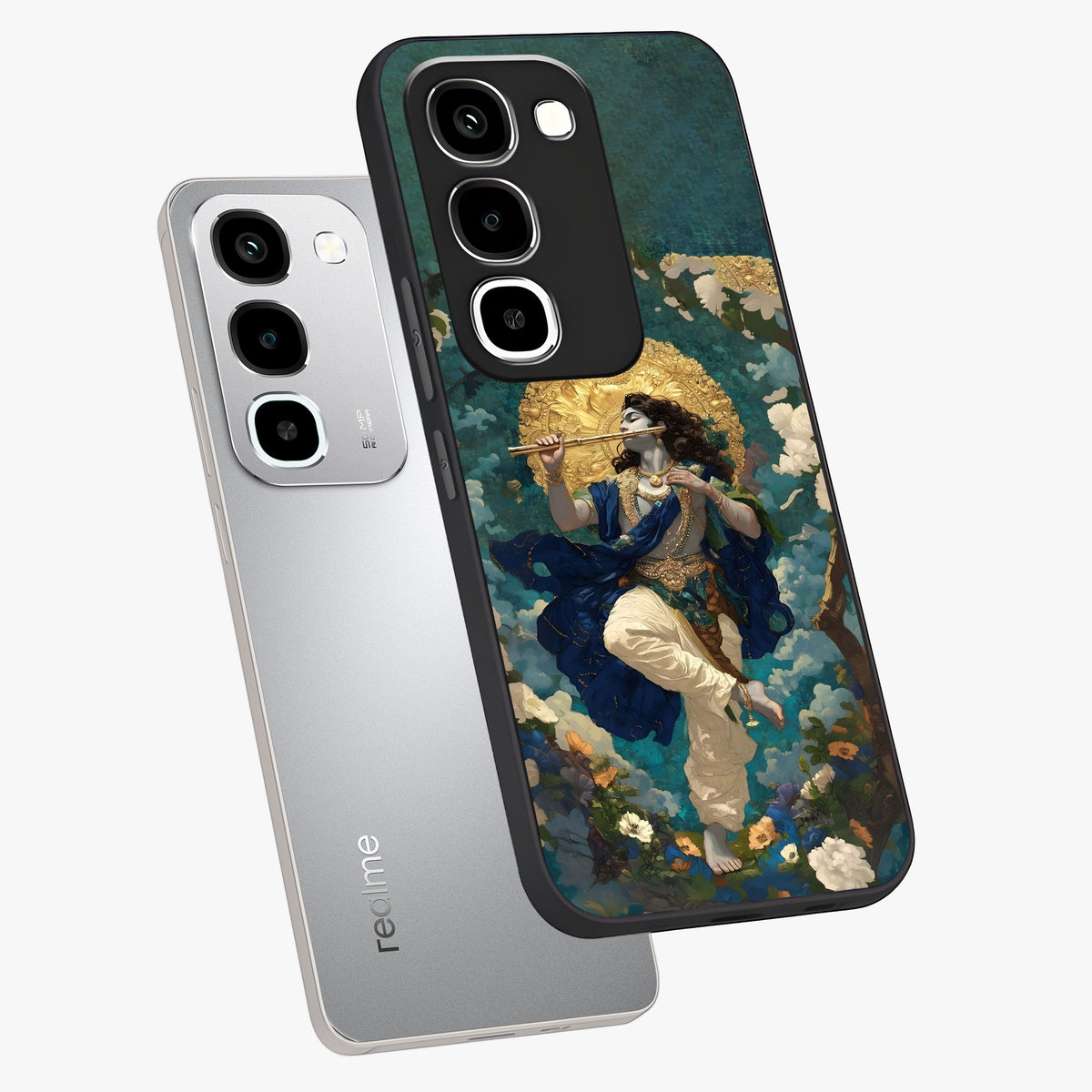 Divine Krishna Art Glass Case displayed in angled mockup highlighting spiritual Krishna illustration with devotional aesthetic.