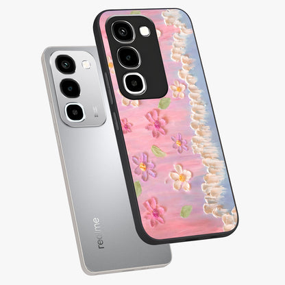 Dreamy Painted Garden Glass Case displayed in angled mockup highlighting colorful garden illustration with dreamy aesthetic style.