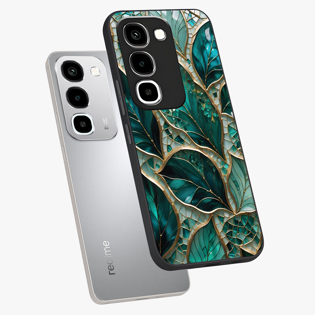 Emerald Leaf Glass Glass Case displayed in angled mockup highlighting botanical leaf illustration with elegant natural aesthetic.