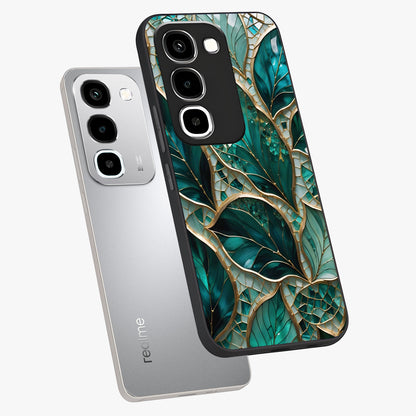 Emerald Leaf Glass Glass Case displayed in angled mockup highlighting botanical leaf illustration with elegant natural aesthetic.