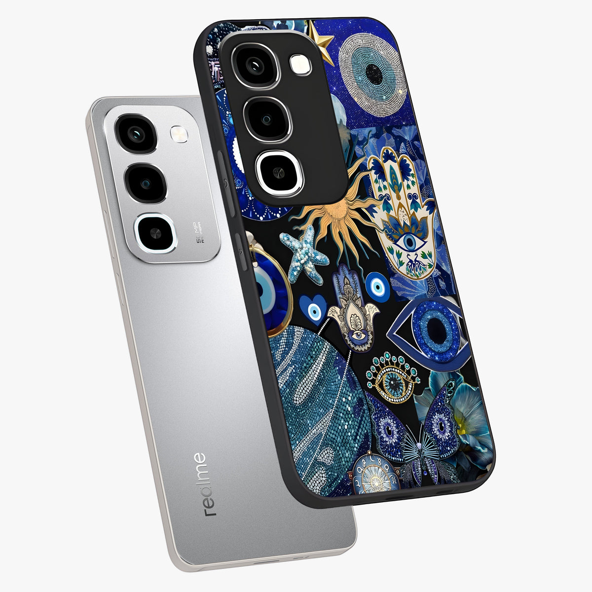 Evil Eye Charm Mix Glass Case displayed in angled mockup highlighting protective evil eye symbols with spiritual aesthetic design.
