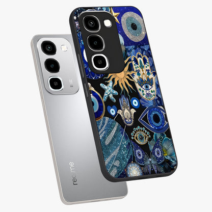Evil Eye Charm Mix Glass Case displayed in angled mockup highlighting protective evil eye symbols with spiritual aesthetic design.