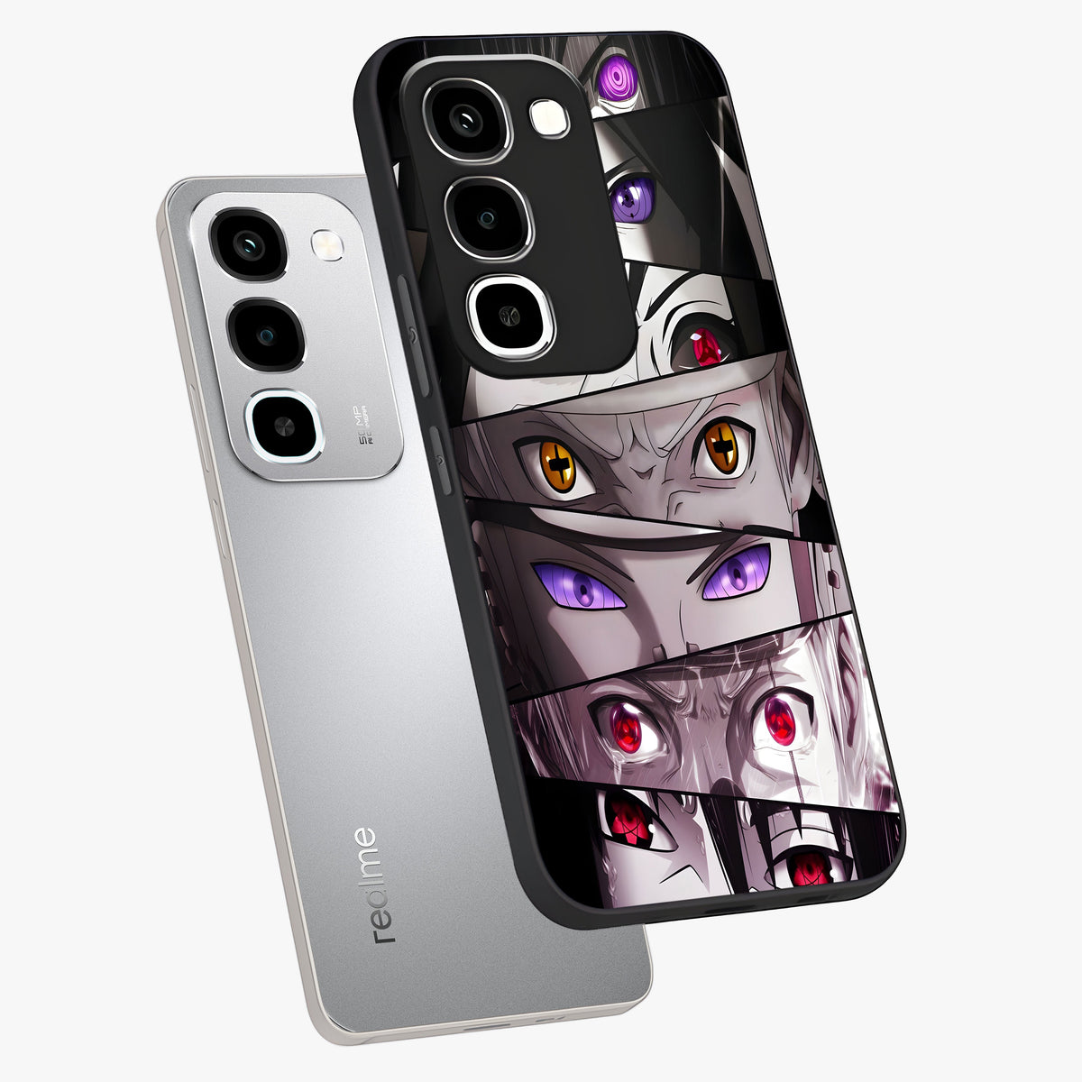 Eyes of Destiny Glass Case displayed in angled mockup highlighting bold eye illustration with mystical aesthetic style.