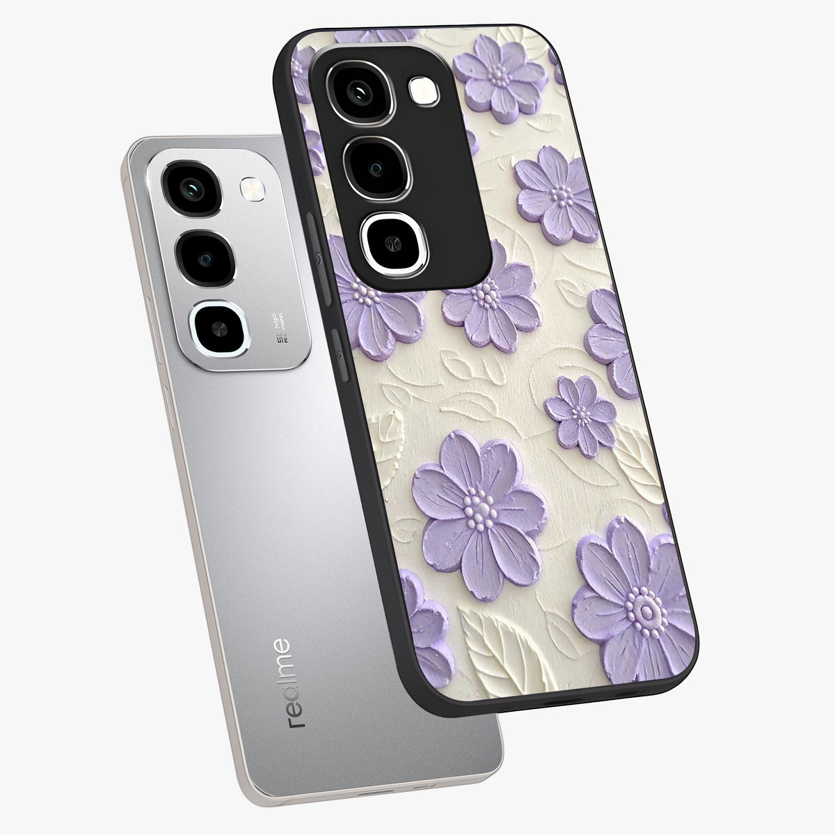 Floral Wall Art With Purple Flowers Glass Case displayed in angled mockup highlighting vibrant purple floral illustration with artistic aesthetic.