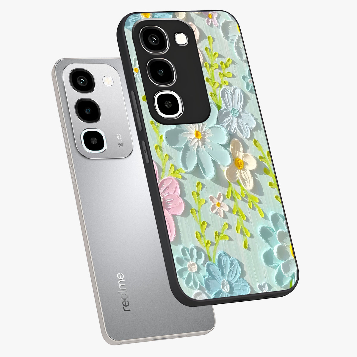 Frosted Petal Garden Glass Case displayed in angled mockup highlighting delicate flower petal design with calm garden aesthetic.