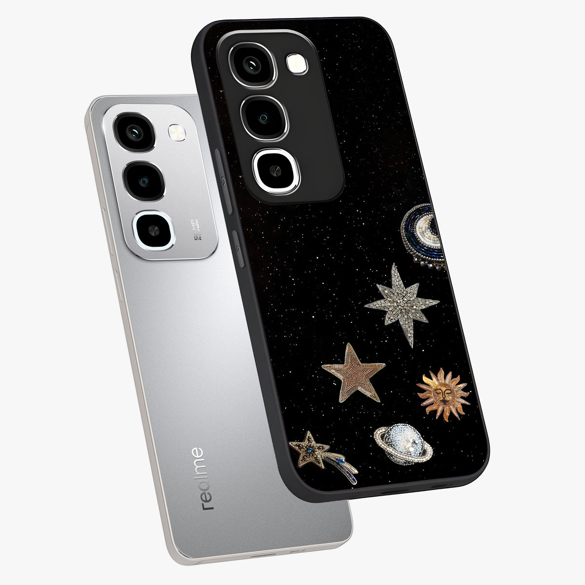 Galactic Charm Glow Glass Case displayed in angled mockup highlighting luminous galaxy inspired design with dreamy aesthetic.