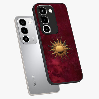 Golden Sun Minimalism Glass Case displayed in angled mockup highlighting clean sun symbol design with modern minimal aesthetic.