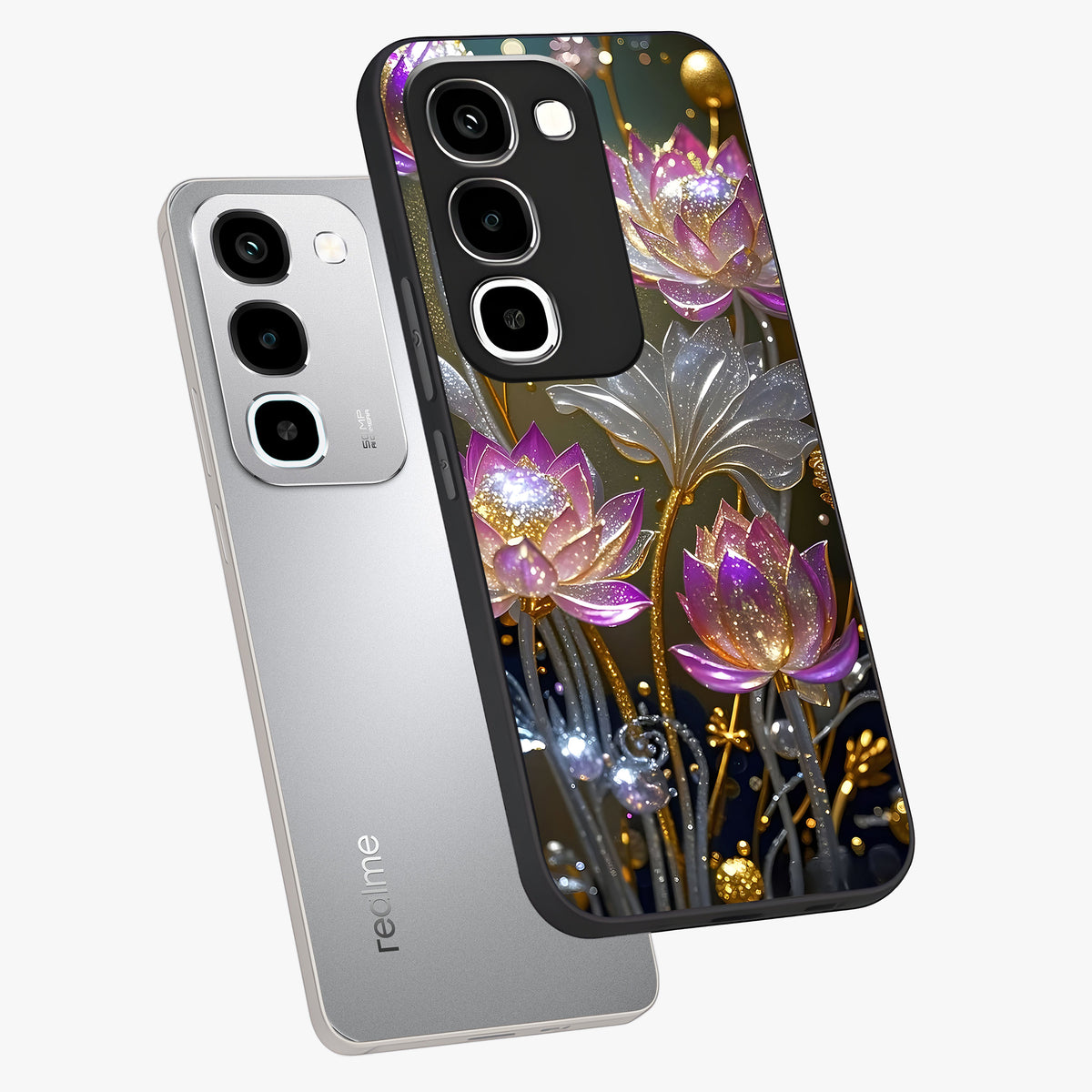 Golden Floral Majesty Glass Case displayed in angled mockup highlighting elegant flower design with royal golden aesthetic.