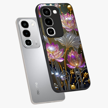 Golden Floral Majesty Glass Case displayed in angled mockup highlighting elegant flower design with royal golden aesthetic.