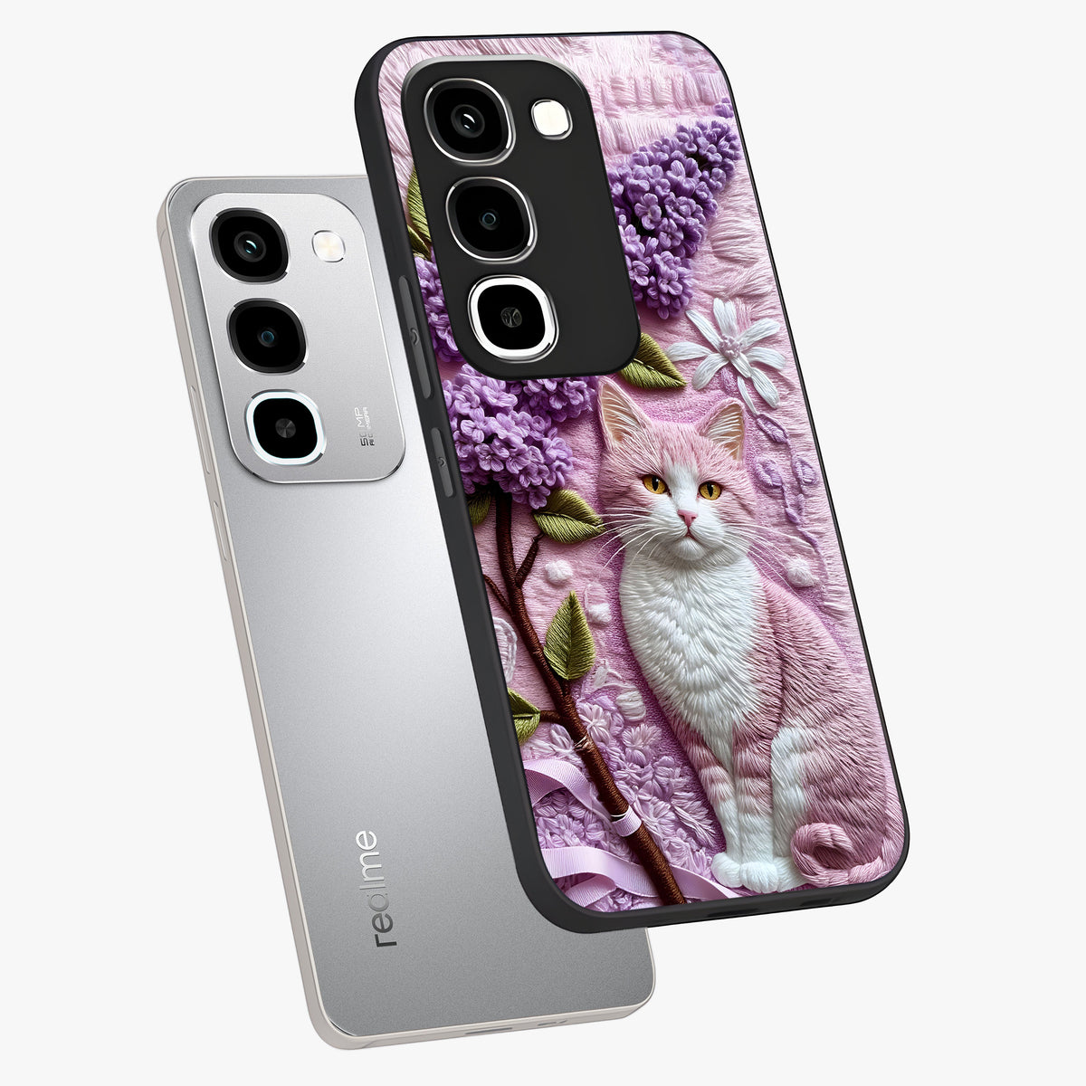 Lavender Cat Whimsy Glass Case displayed in angled mockup highlighting playful feline illustration with pastel lavender aesthetic.