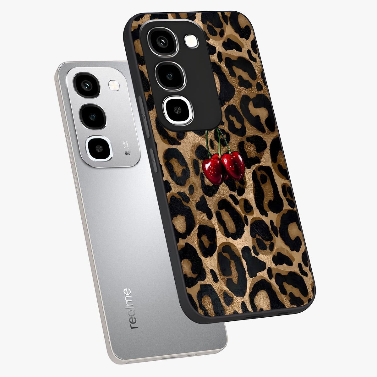 Leopard Wild Cherry Glass Case displayed in angled mockup highlighting bold animal print design with playful cherry aesthetic.