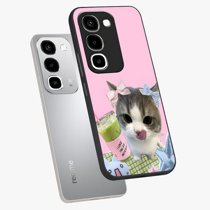 Love Matcha Cat Glass Case displayed in angled mockup highlighting playful feline illustration with cozy matcha aesthetic.