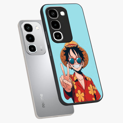 Luffy Summer Anime Vibe Glass Case displayed in angled mockup highlighting energetic anime illustration with summer vibe aesthetic.