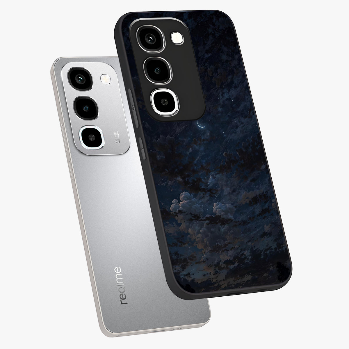 Lunar Veil Silence Glass Case displayed in angled mockup highlighting soft lunar design with peaceful celestial aesthetic.