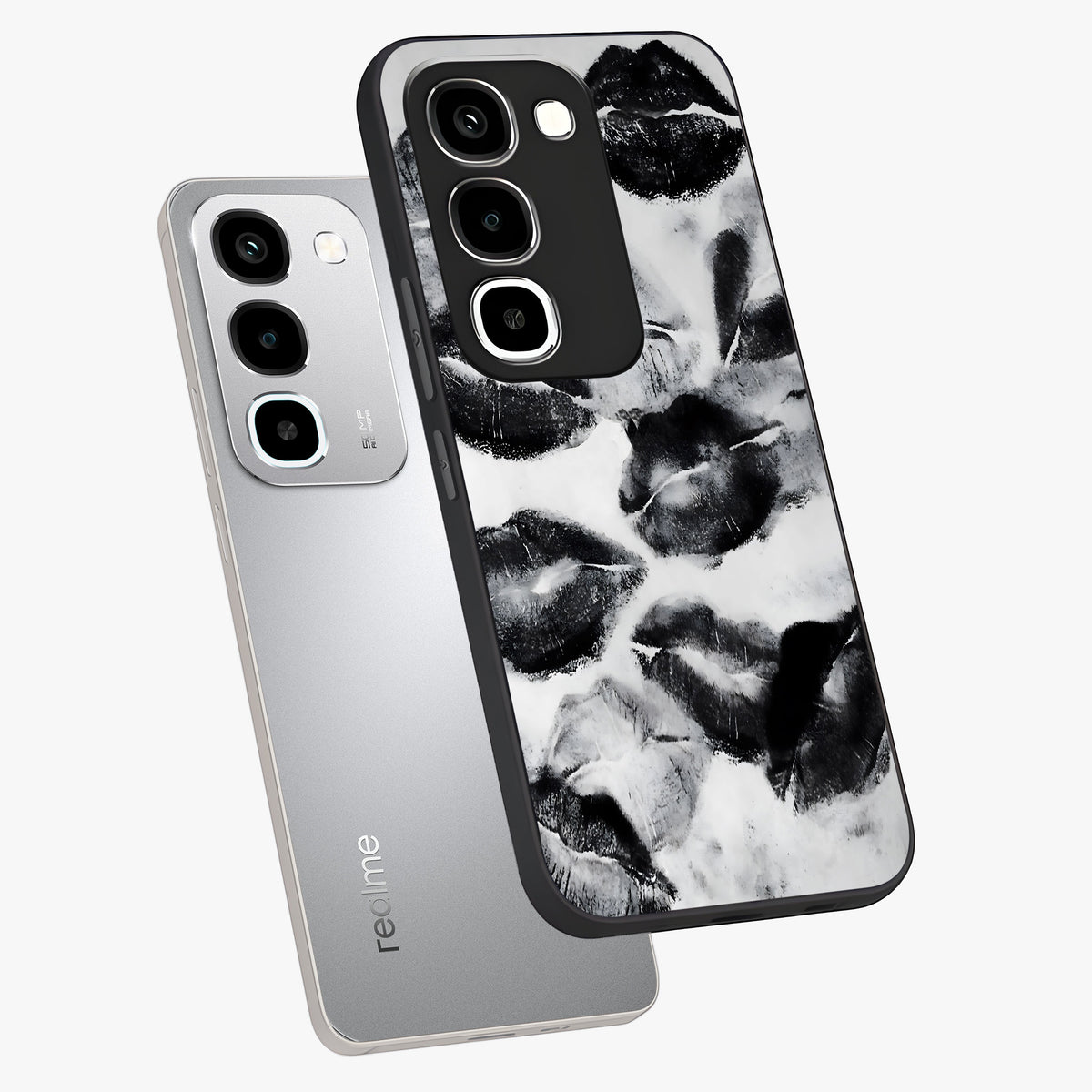 Midnight Kiss Marks Glass Case displayed in angled mockup highlighting playful romantic design with bold midnight aesthetic.