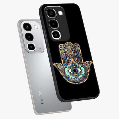 Mystic Hamsa Eye Glass Case displayed in angled mockup highlighting spiritual hamsa symbol with mystical aesthetic style.