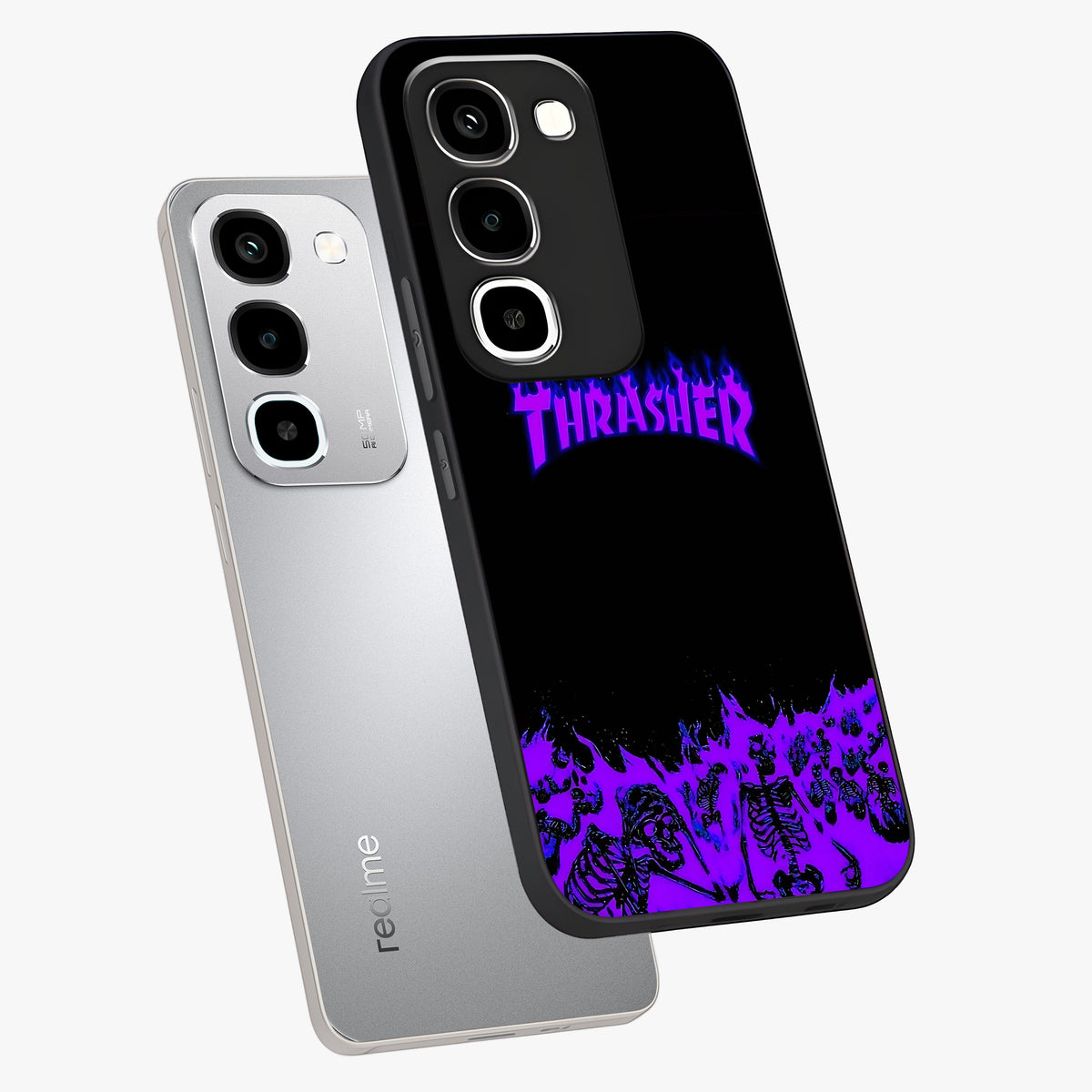 Neon Flame Riot Glass Case displayed in angled mockup highlighting glowing flame design with vibrant neon aesthetic.