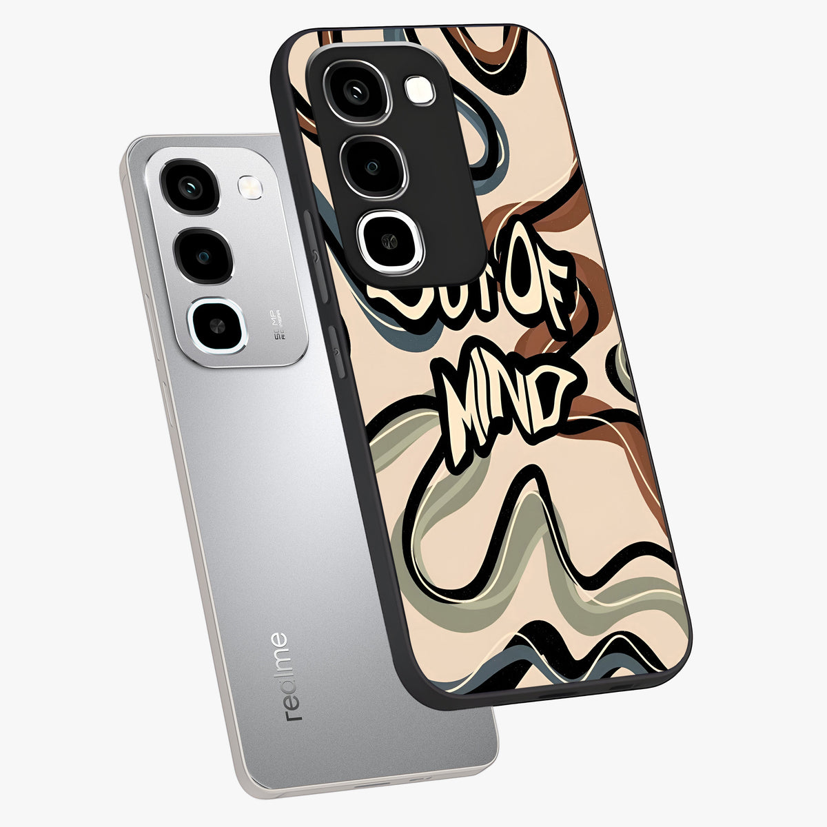 Out Of Mind Glass Case displayed in angled mockup highlighting bold statement design with modern artistic aesthetic.