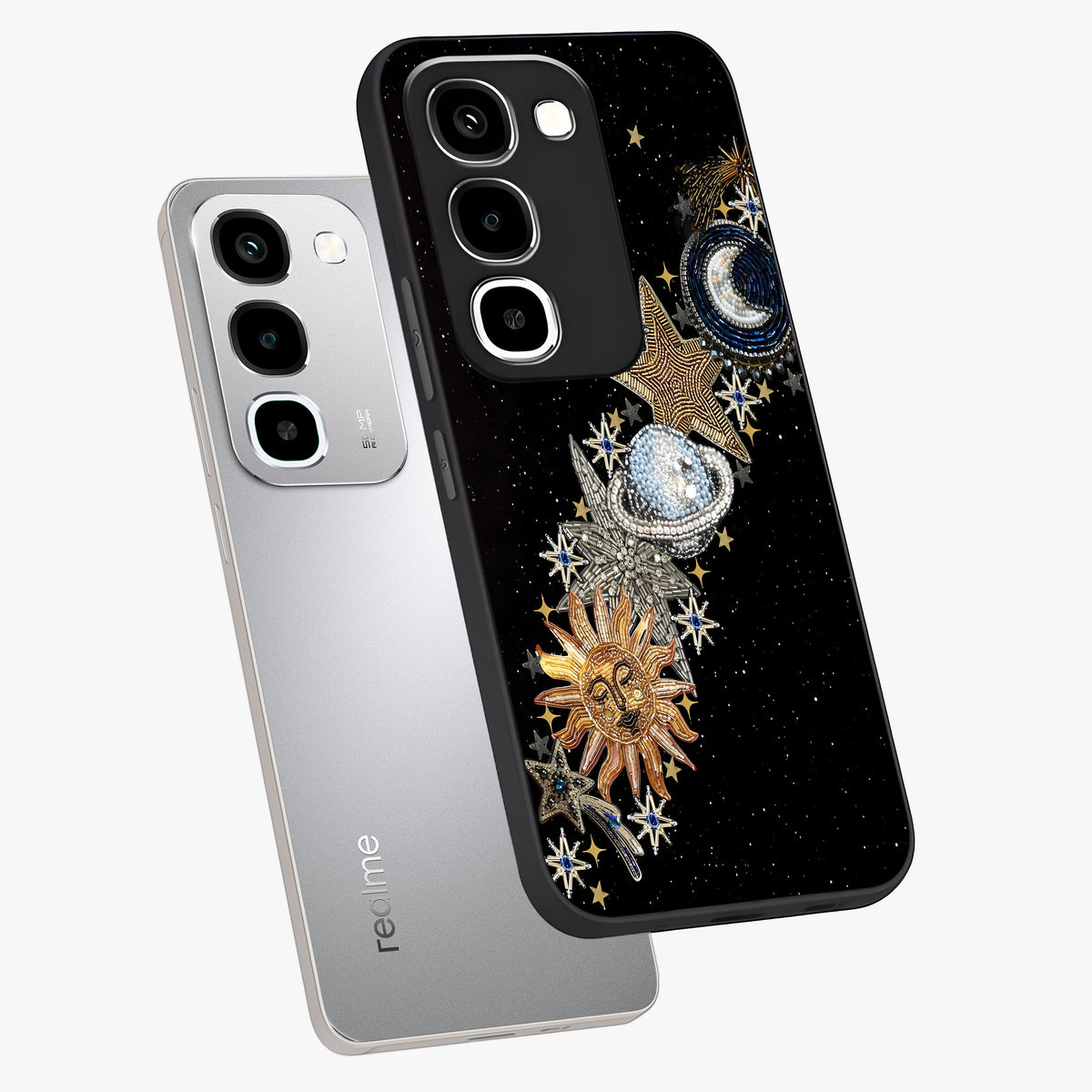 Pearls Universe Object Glass Case displayed in angled mockup highlighting celestial pearl design with dreamy aesthetic.