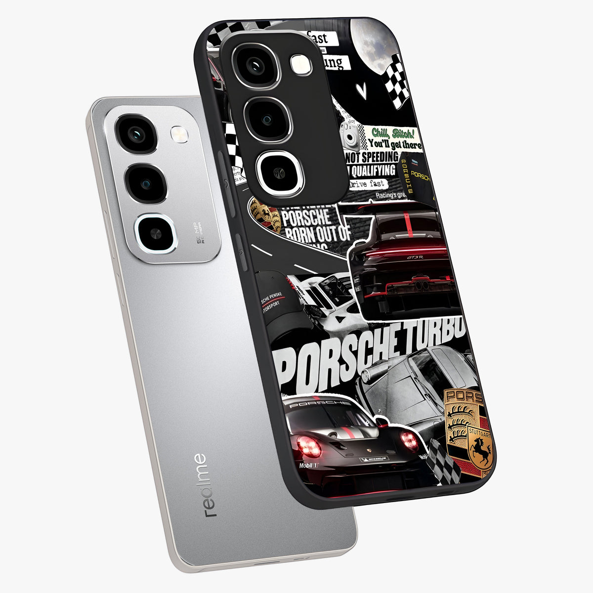 Porsche Racing Collage Glass Case displayed in angled mockup highlighting dynamic automotive design with bold racing aesthetic.