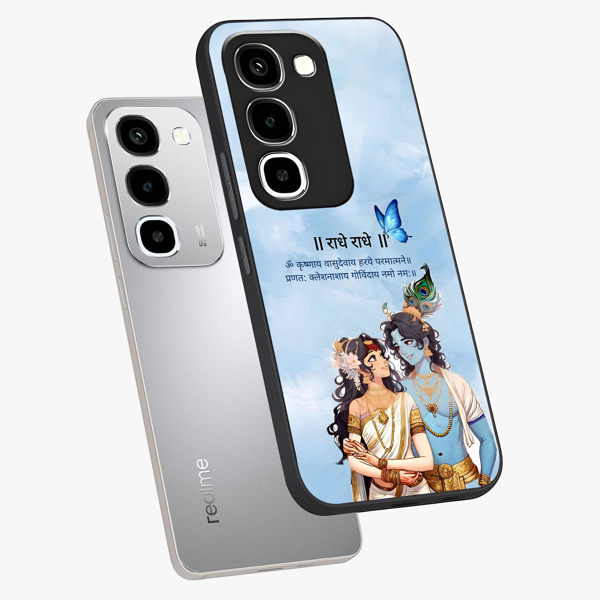 Radha Krishna Eternal Glass Case displayed in angled mockup highlighting divine Radha Krishna illustration with spiritual aesthetic.