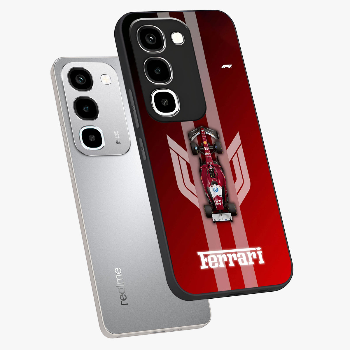 Red Ferrari F1 Vertical Glass Case displayed in angled mockup highlighting high speed racing design with bold automotive aesthetic.