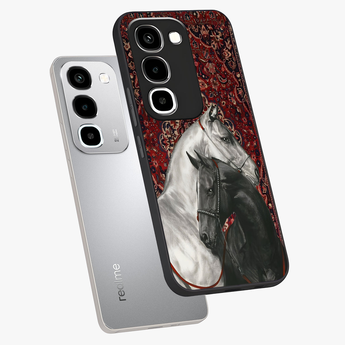 Regal Stallion Tapestry Glass Case displayed in angled mockup highlighting royal stallion design with decorative heritage aesthetic.