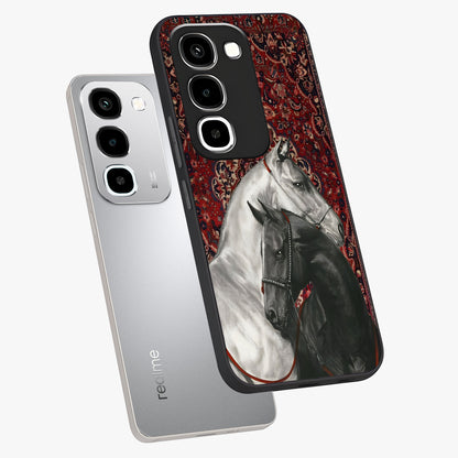 Regal Stallion Tapestry Glass Case displayed in angled mockup highlighting royal stallion design with decorative heritage aesthetic.