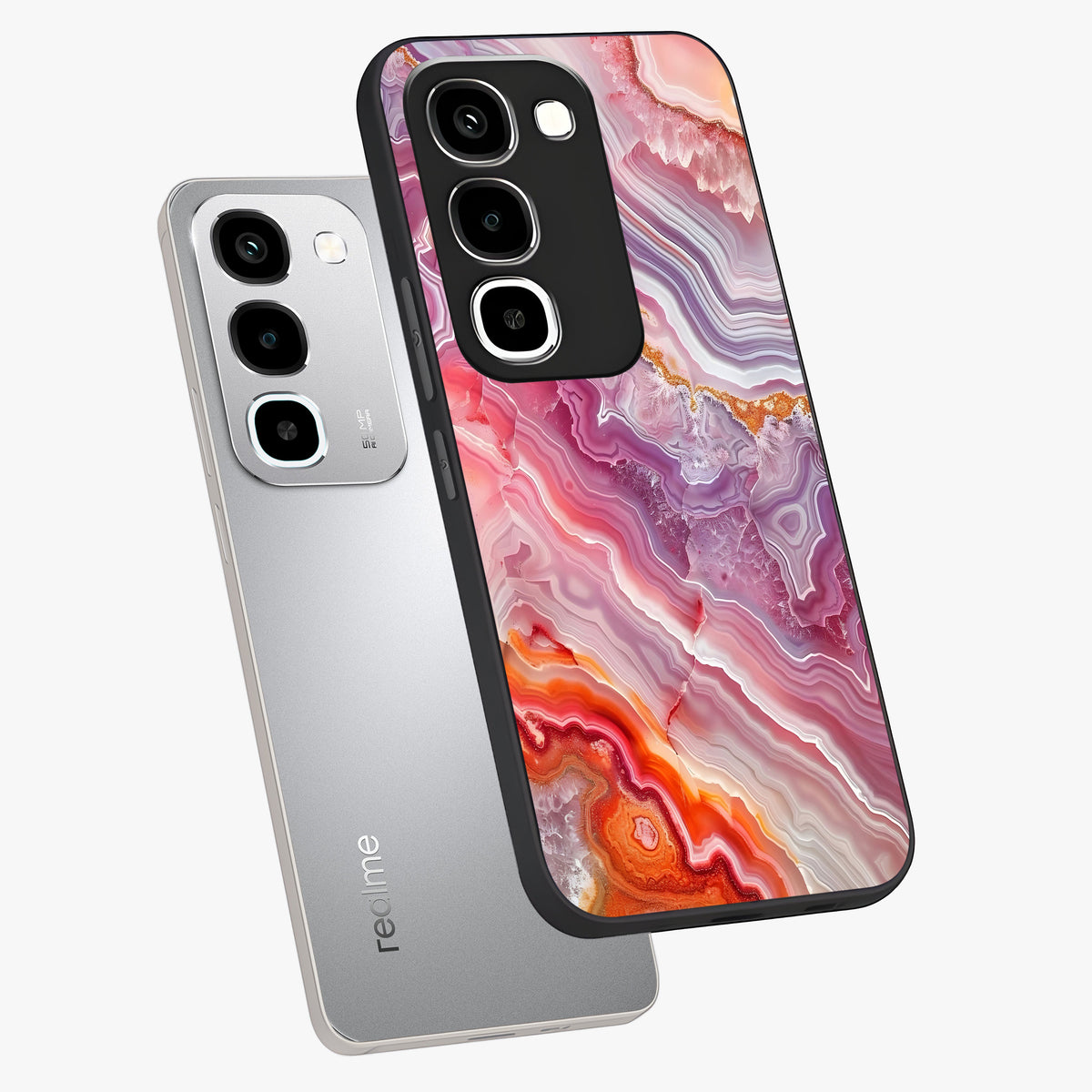 Rose Quartz Marble Glass Case displayed in angled mockup highlighting elegant marble pattern with soft aesthetic style.