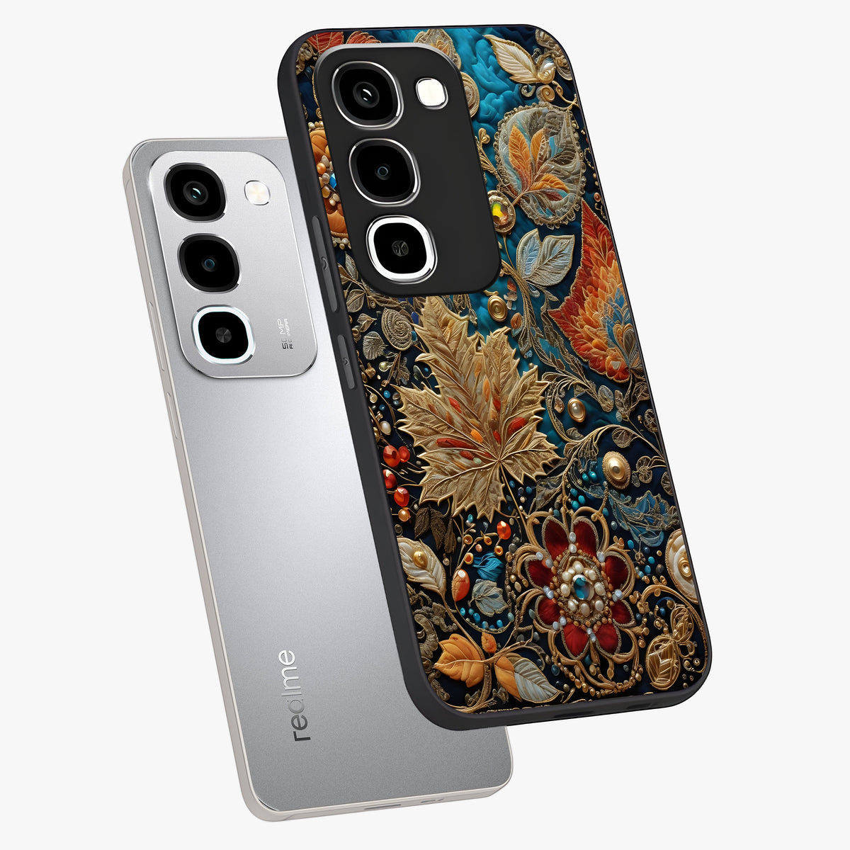 Royal Jewel Garden Glass Case displayed in angled mockup highlighting vibrant jewel inspired floral design with elegant aesthetic.