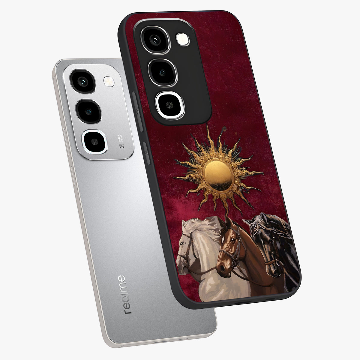 Solar Riders Glass Case displayed in angled mockup highlighting powerful rider illustration with radiant solar aesthetic.