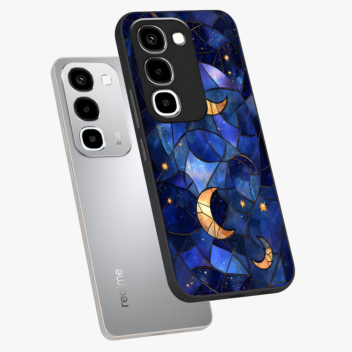 Starlit Sky Tapestry Glass Case displayed in angled mockup highlighting celestial night pattern with artistic aesthetic style.