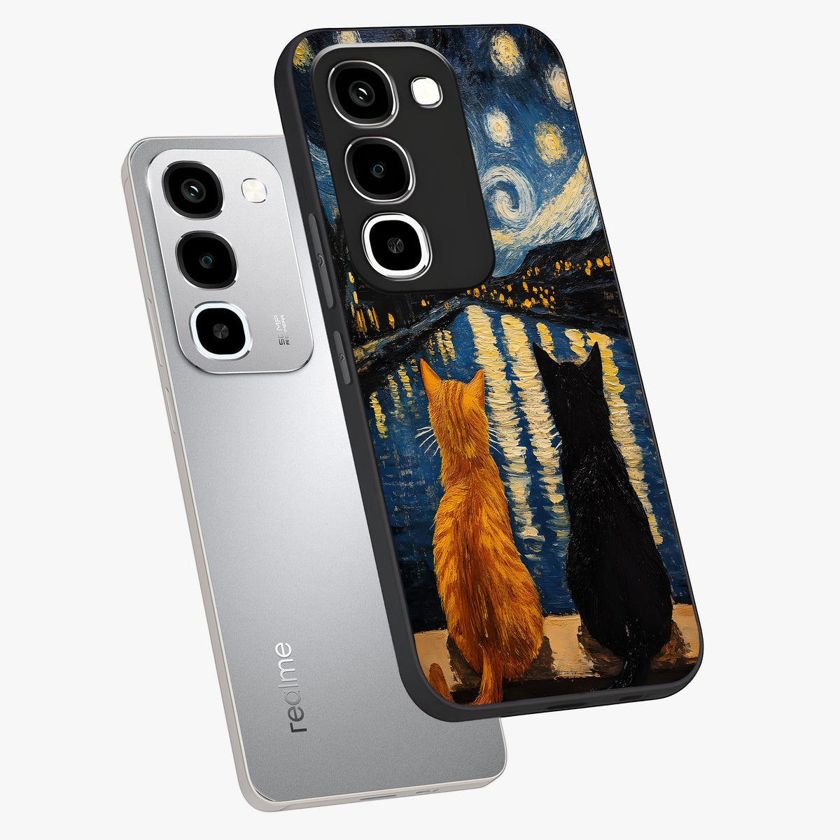 Starry River Cats Glass Case displayed in angled mockup highlighting charming feline illustration with dreamy night aesthetic.