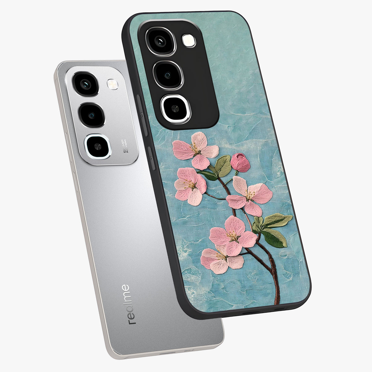 Threaded Blossom Breeze Glass Case displayed in angled mockup highlighting elegant floral design with soft aesthetic style.