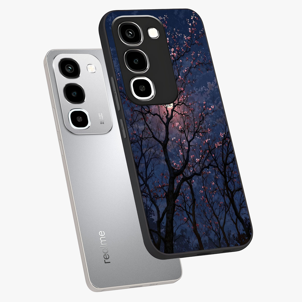 Twilight Sakura Serenade Glass Case displayed in angled mockup highlighting delicate sakura flower design with dreamy aesthetic.