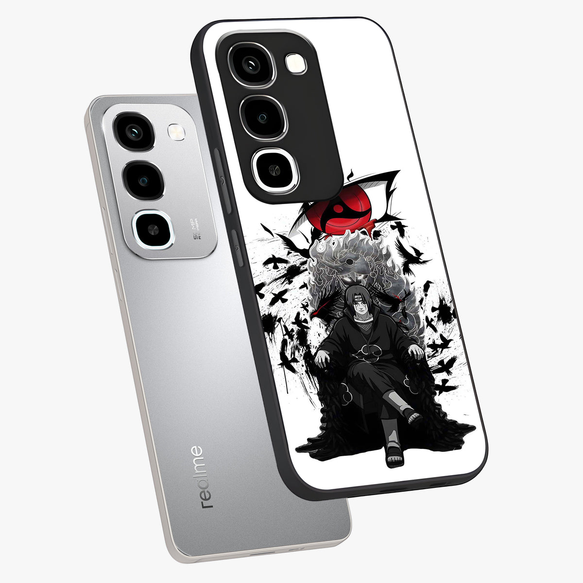 Uchiha Shadow Throne Glass Case displayed in angled mockup highlighting glowing aquatic design with celestial aesthetic.