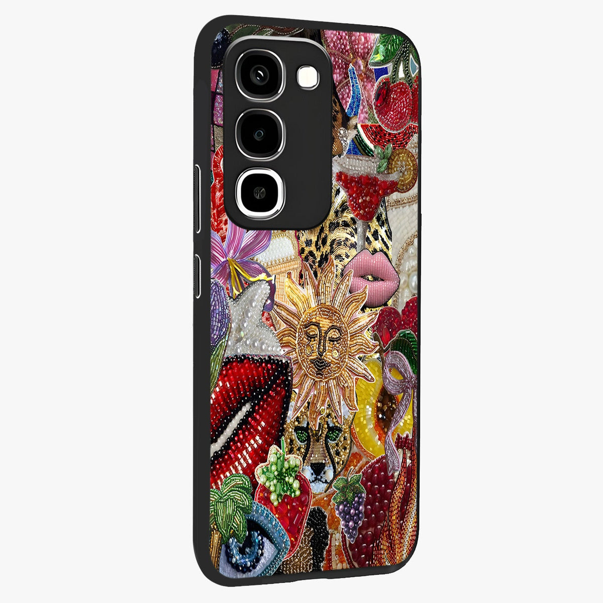 Beaded Fashion Jungle Glass Case upright view showcasing tropical jungle aesthetic with decorative bead elements.