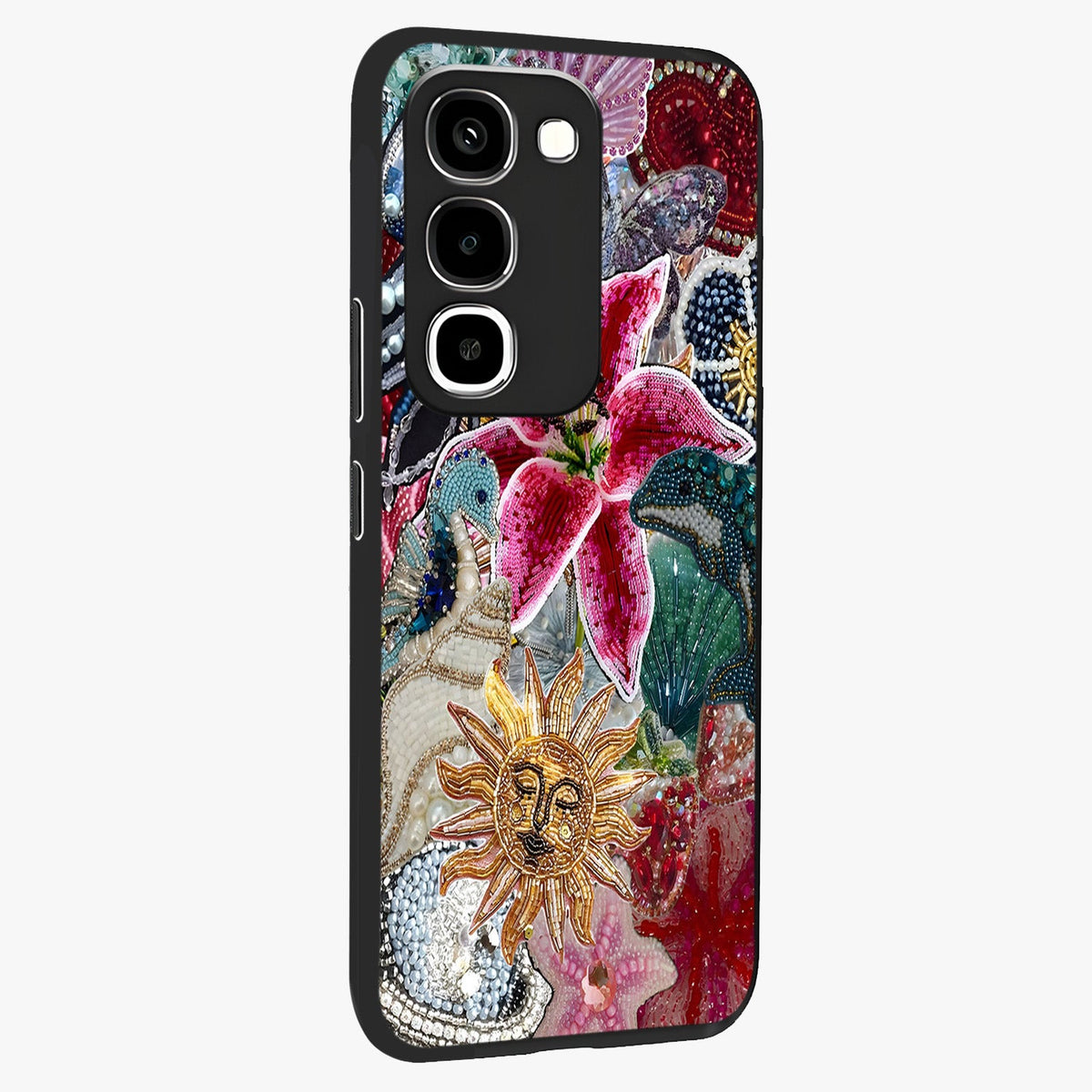 Beaded Garden Fantasy Glass Case upright view showcasing whimsical garden aesthetic with artistic bead details.