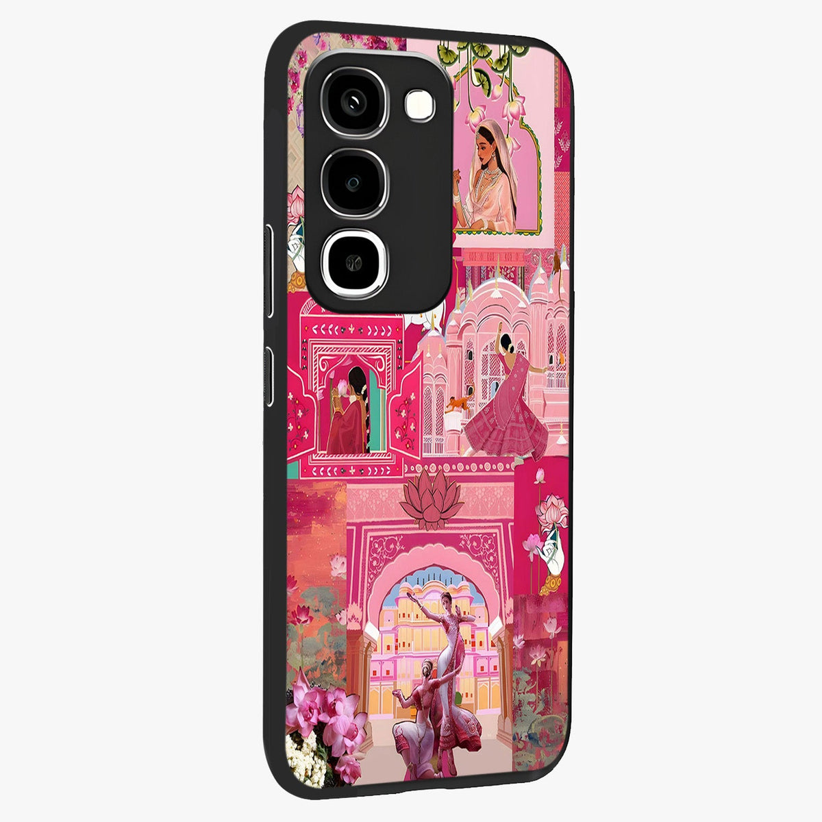Blossoms of Rajasthan Glass Case upright view showcasing colorful floral design inspired by traditional Indian art.