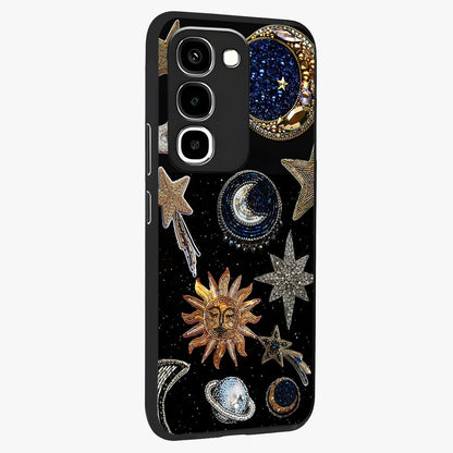Celestial Gem Constellations Glass Case upright view showcasing cosmic constellation artwork with celestial aesthetic style.