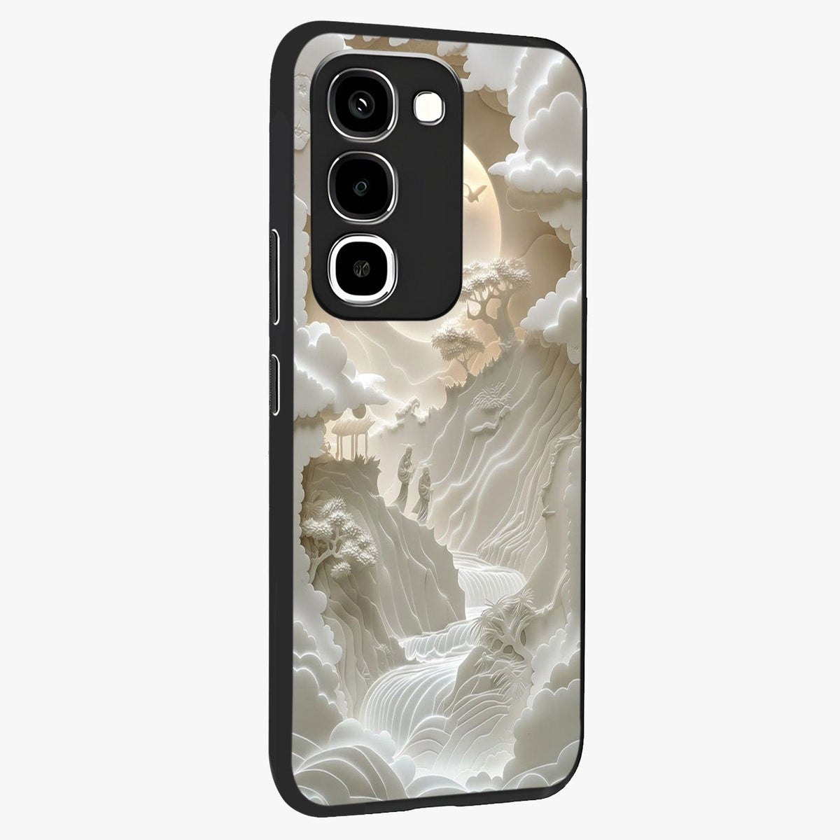 Celestial Origami Glass Case upright view showcasing creative origami artwork with modern celestial style.