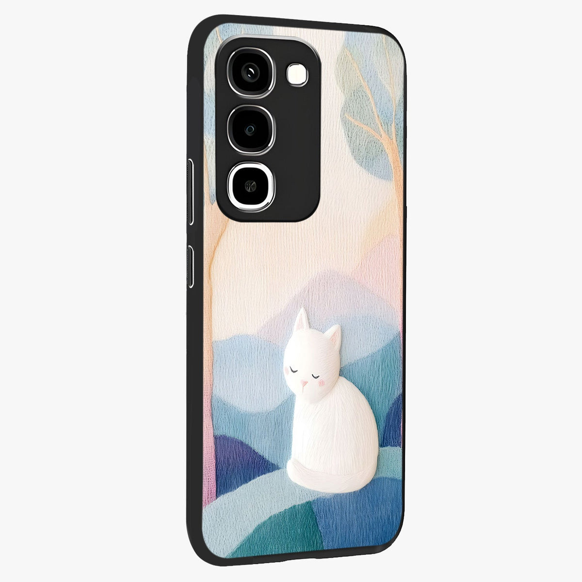 Cotton Dream Cat Glass Case upright view showcasing charming cat artwork with cozy dreamy theme.