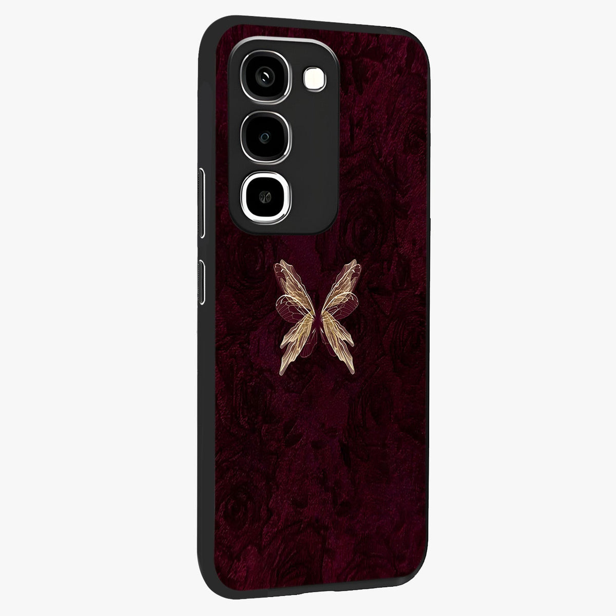 Crimson Fade Butterfly Glass Case upright view showcasing graceful butterfly artwork with soft crimson fade effect.