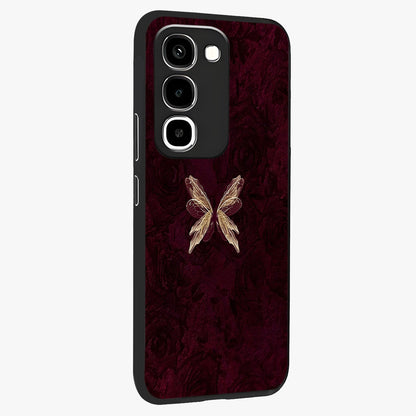 Crimson Fade Butterfly Glass Case upright view showcasing graceful butterfly artwork with soft crimson fade effect.