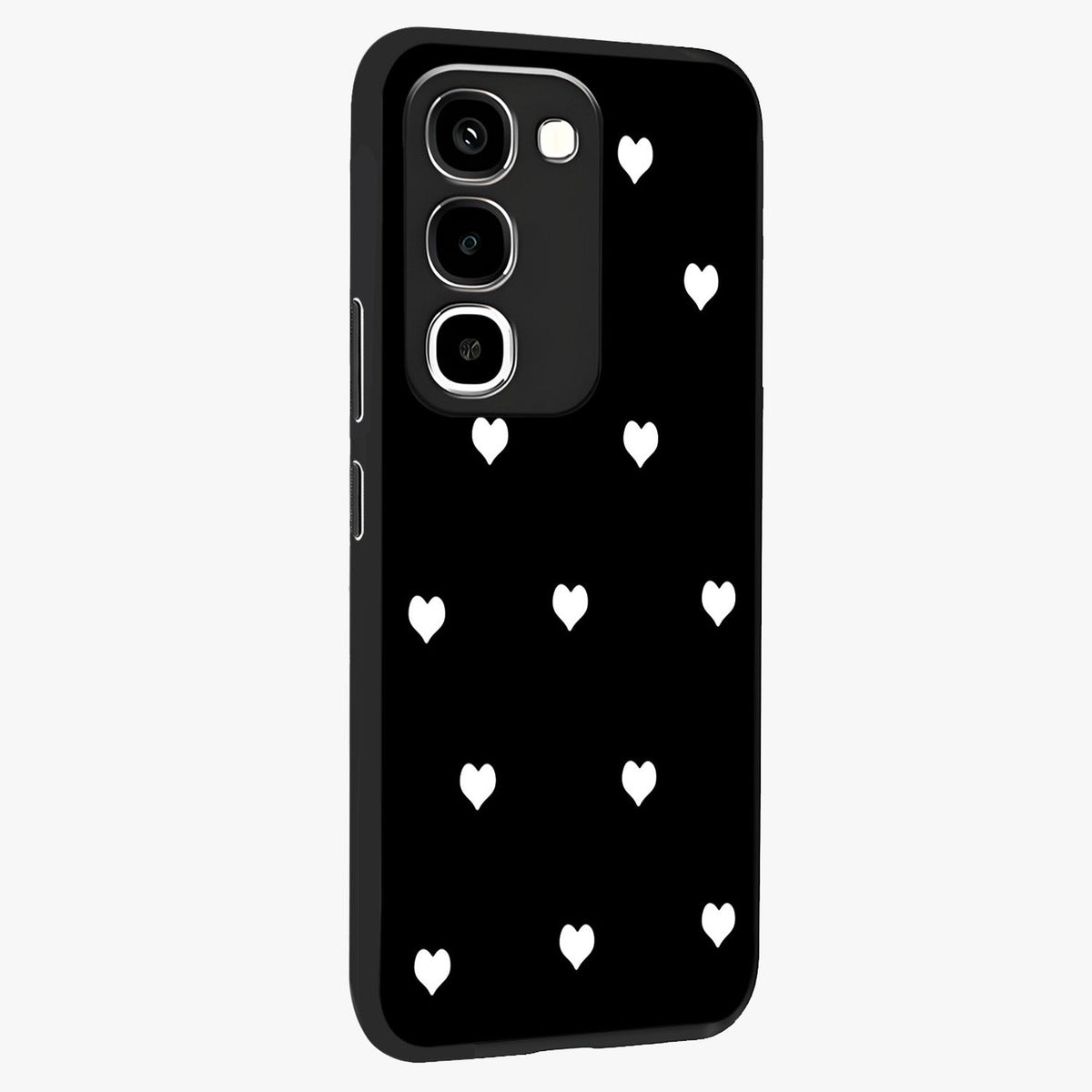 Cute And Simple White Hearts Glass Case upright view showcasing simple white hearts artwork with soft minimal theme.