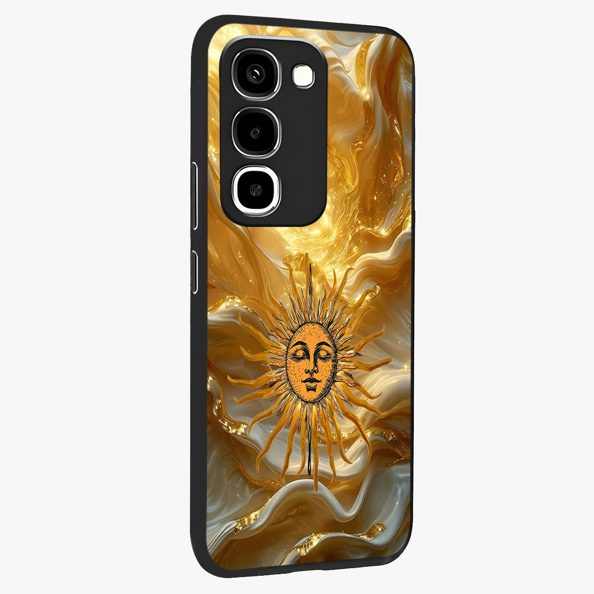 Eternal Golden Glow Glass Case upright view showcasing luminous golden artwork with luxurious visual theme.