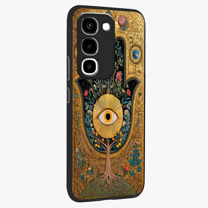 Ethereal Evil Eye Glass Case upright view showcasing celestial evil eye artwork with mystical theme.