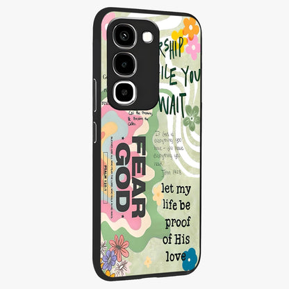 Faith Over Fear Glass Case upright view showcasing bold typography artwork with uplifting motivational theme.